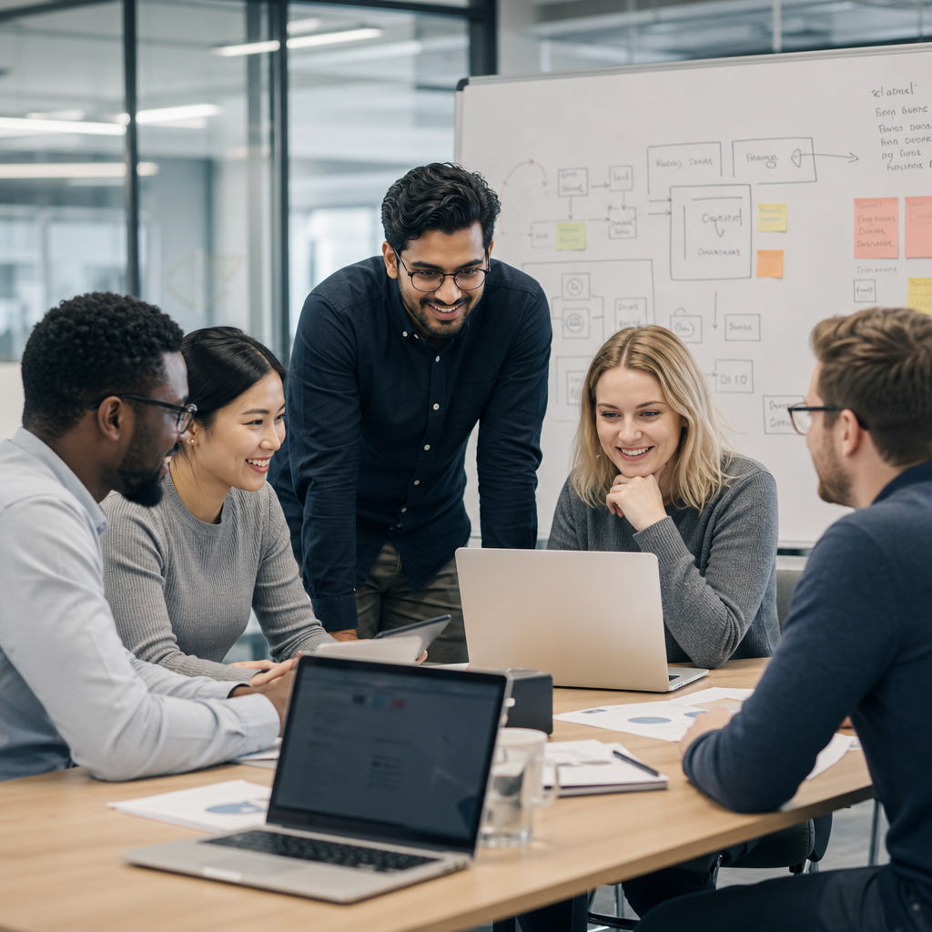 The NavaSolutions team collaborating in their office